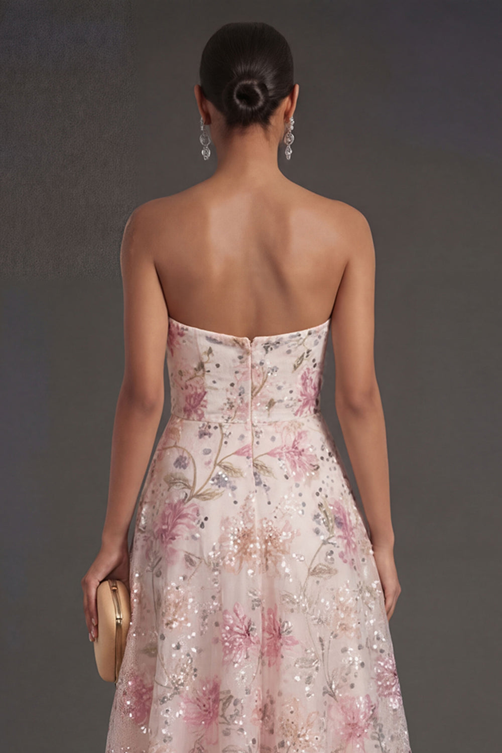 Sequined Sparkly A Line Floral Strapless Midi Beach Wedding Guest Dress