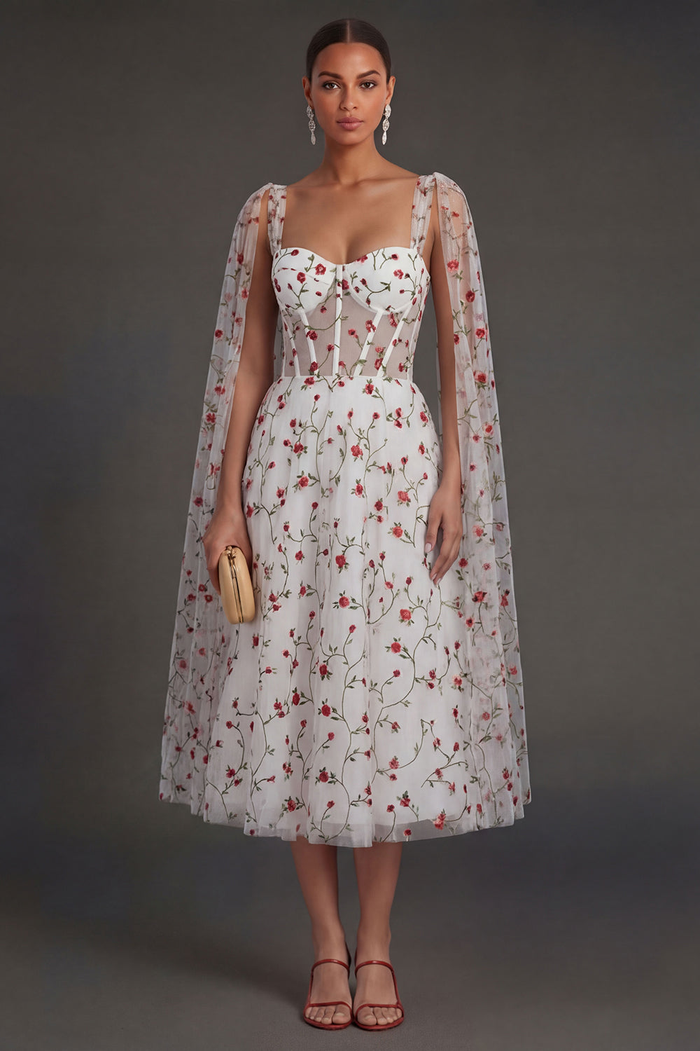 Leely Women Corset Floral Midi Beach Wedding Guest Dress with Cape Thick Straps Sleeveless Garden Party Dress