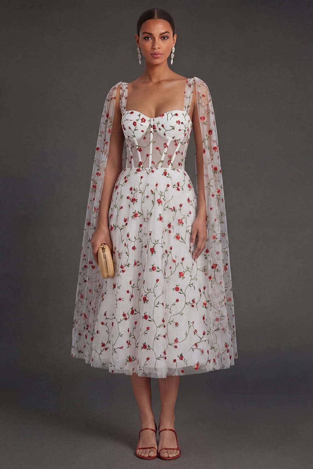 Leely Women Corset Floral Midi Beach Wedding Guest Dress with Cape Thick Straps Sleeveless Garden Party Dress