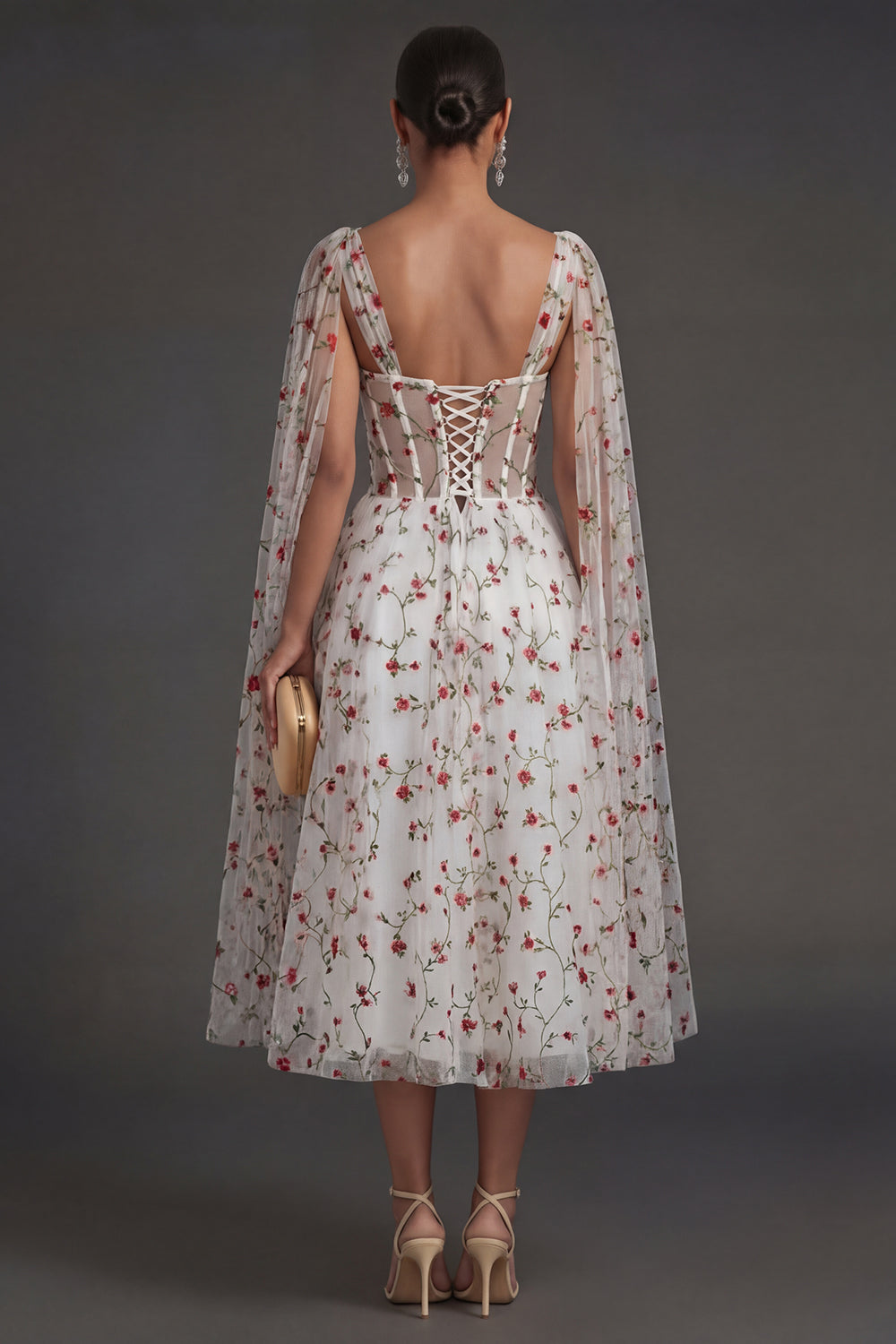 Corset Ivory Floral Thick Straps Sleeveless Midi Beach Wedding Guest Dress with Cape