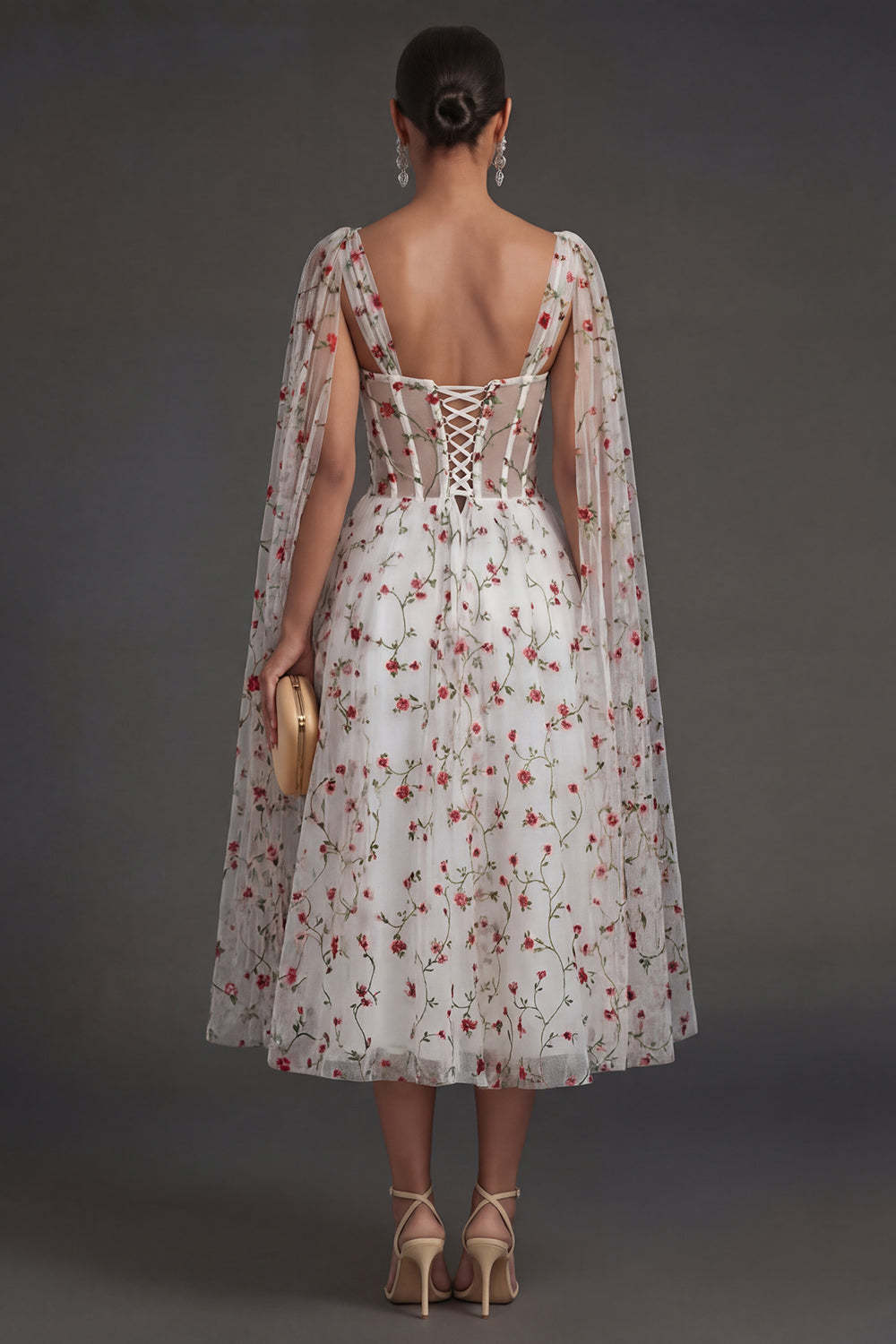 Corset Ivory Floral Thick Straps Sleeveless Midi Beach Wedding Guest Dress with Cape