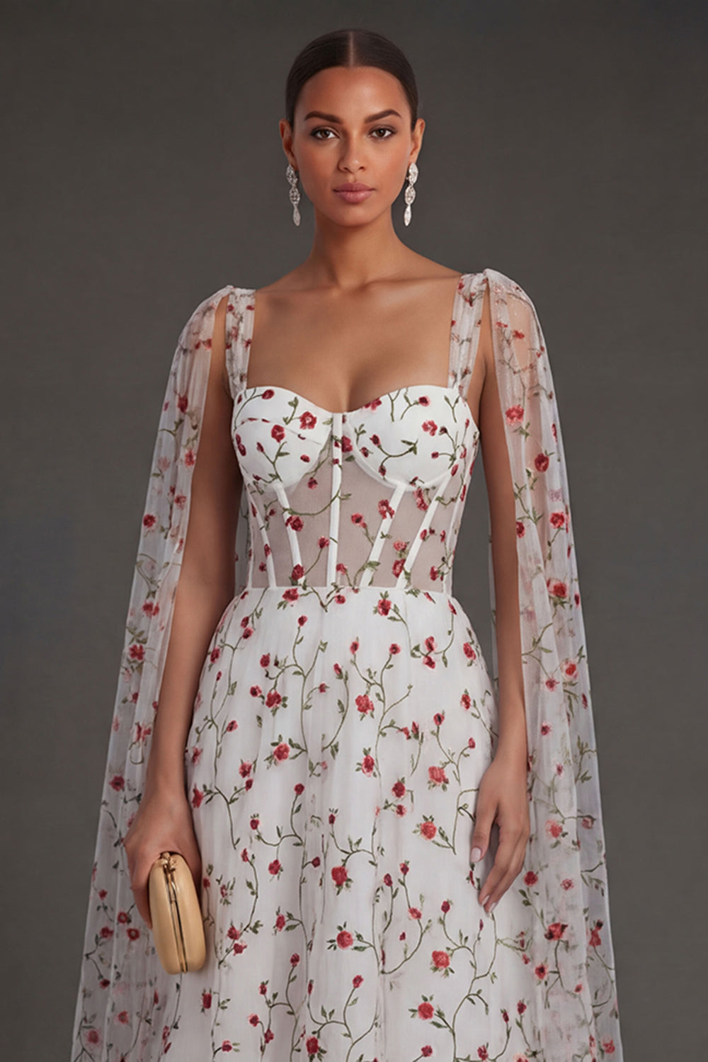 Corset Ivory Floral Thick Straps Sleeveless Midi Beach Wedding Guest Dress with Cape