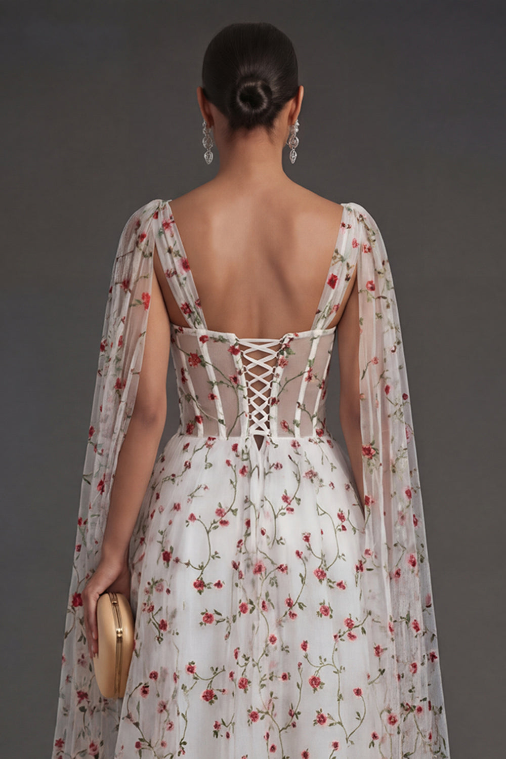 Corset Ivory Floral Thick Straps Sleeveless Midi Beach Wedding Guest Dress with Cape