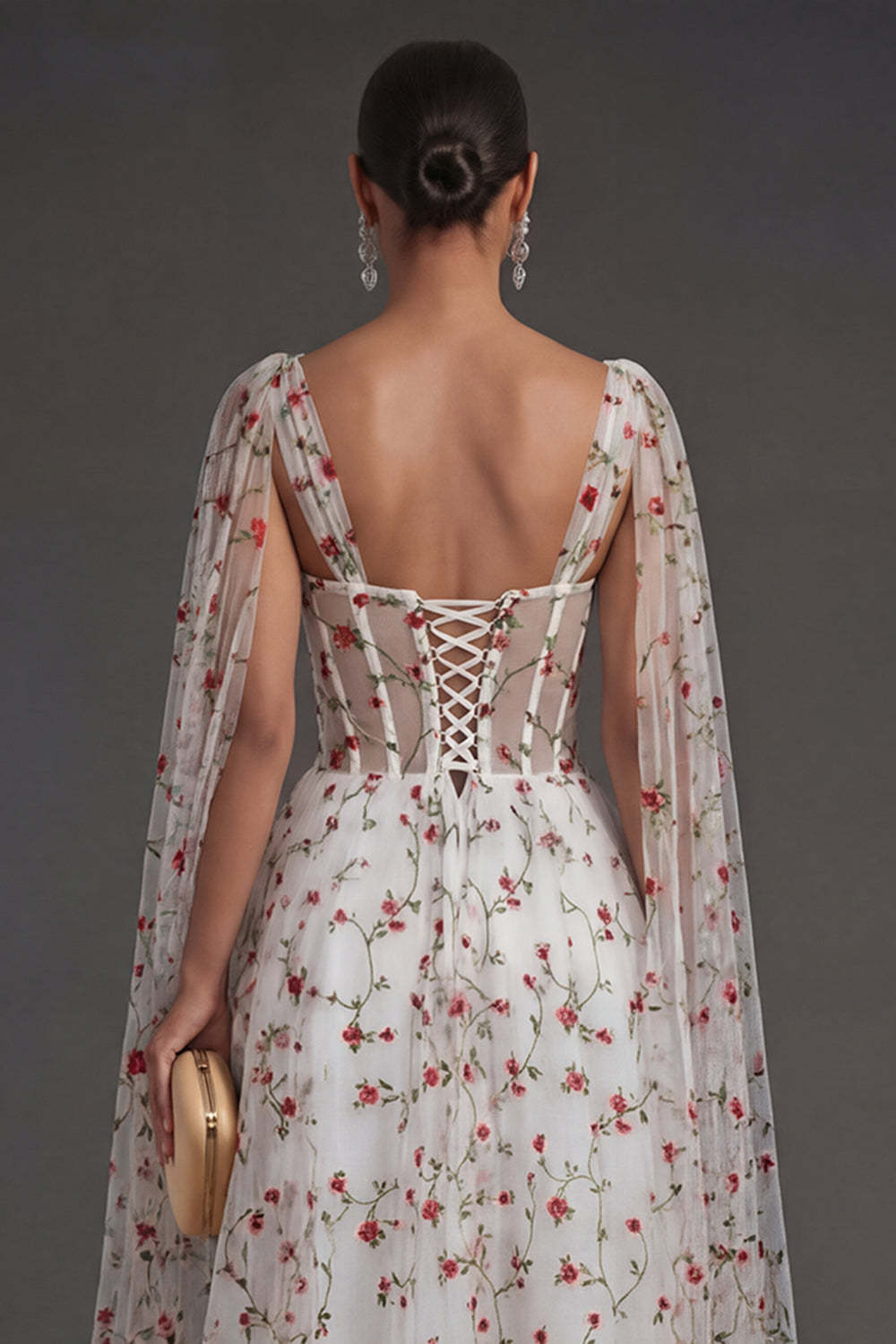 Corset Ivory Floral Thick Straps Sleeveless Midi Beach Wedding Guest Dress with Cape
