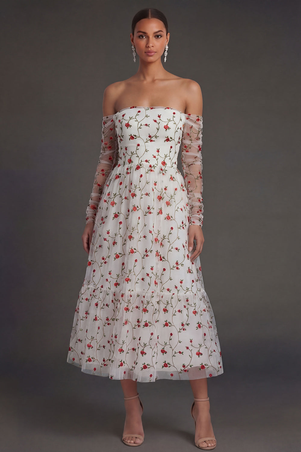 Leely Women Long Sleeves Ivory Strapless Midi Beach Wedding Guest Dress Backless Sleeveless Garden Party Dress