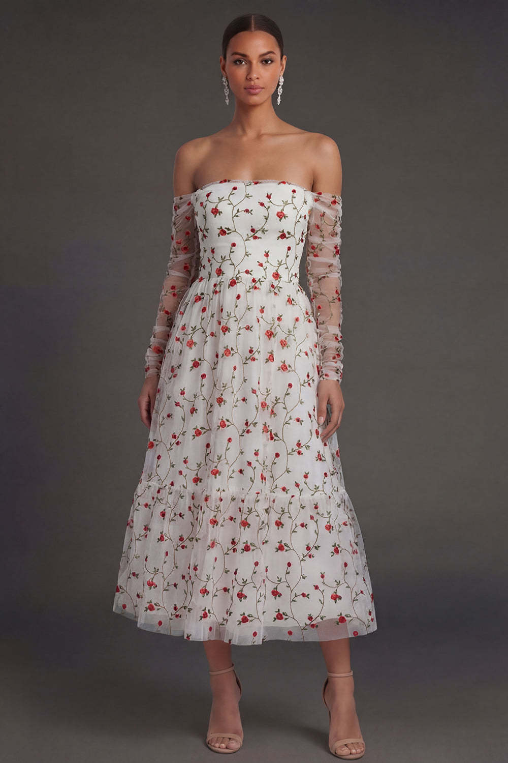 Leely Women Long Sleeves Ivory Strapless Midi Beach Wedding Guest Dress Backless Sleeveless Garden Party Dress
