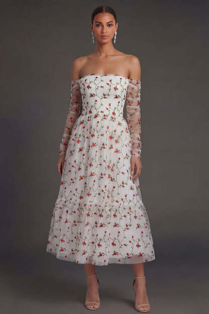 Leely Women Long Sleeves Ivory Strapless Midi Beach Wedding Guest Dress Backless Sleeveless Garden Party Dress