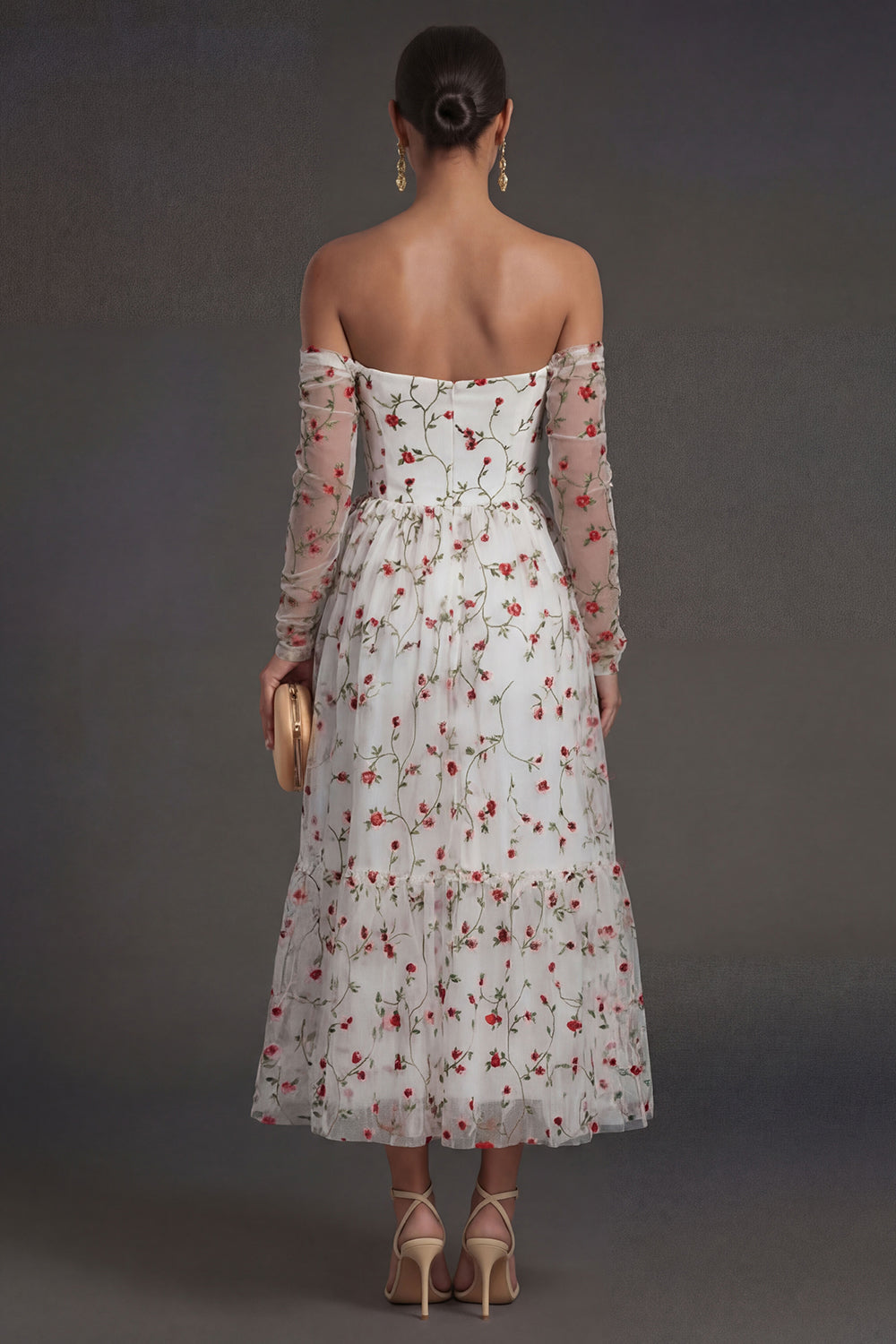 Long Sleeves Ivory Strapless Midi Beach Wedding Guest Dress