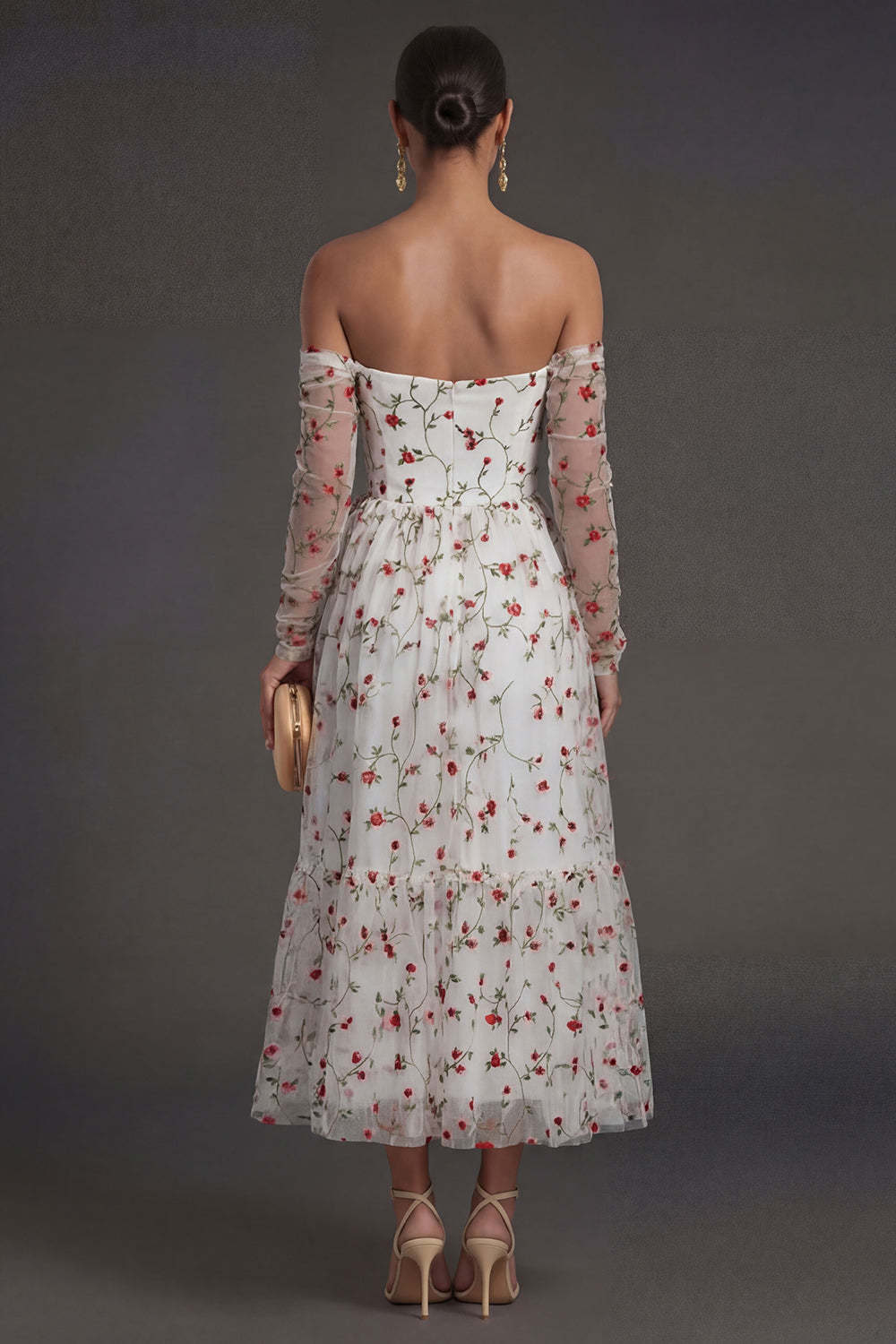 Long Sleeves Ivory Strapless Midi Beach Wedding Guest Dress