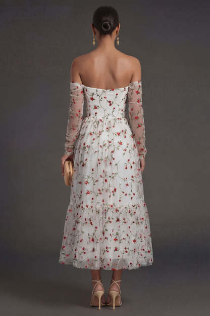 Long Sleeves Ivory Strapless Midi Beach Wedding Guest Dress