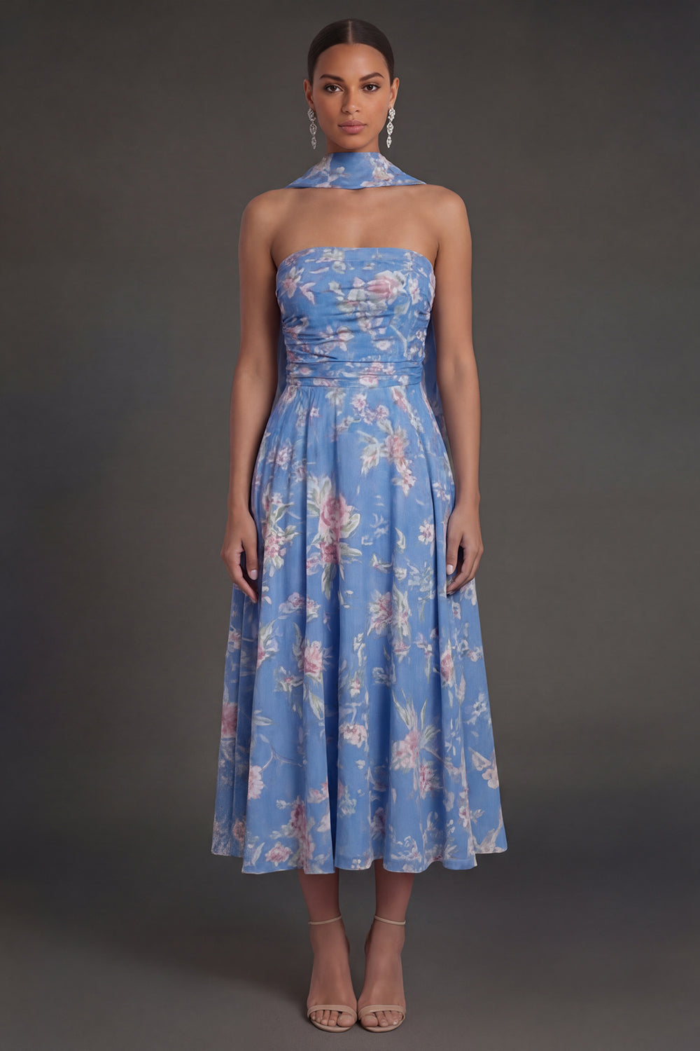 Ruched Blue Floral A Line Strapless Midi Beach Wedding Guest Dress