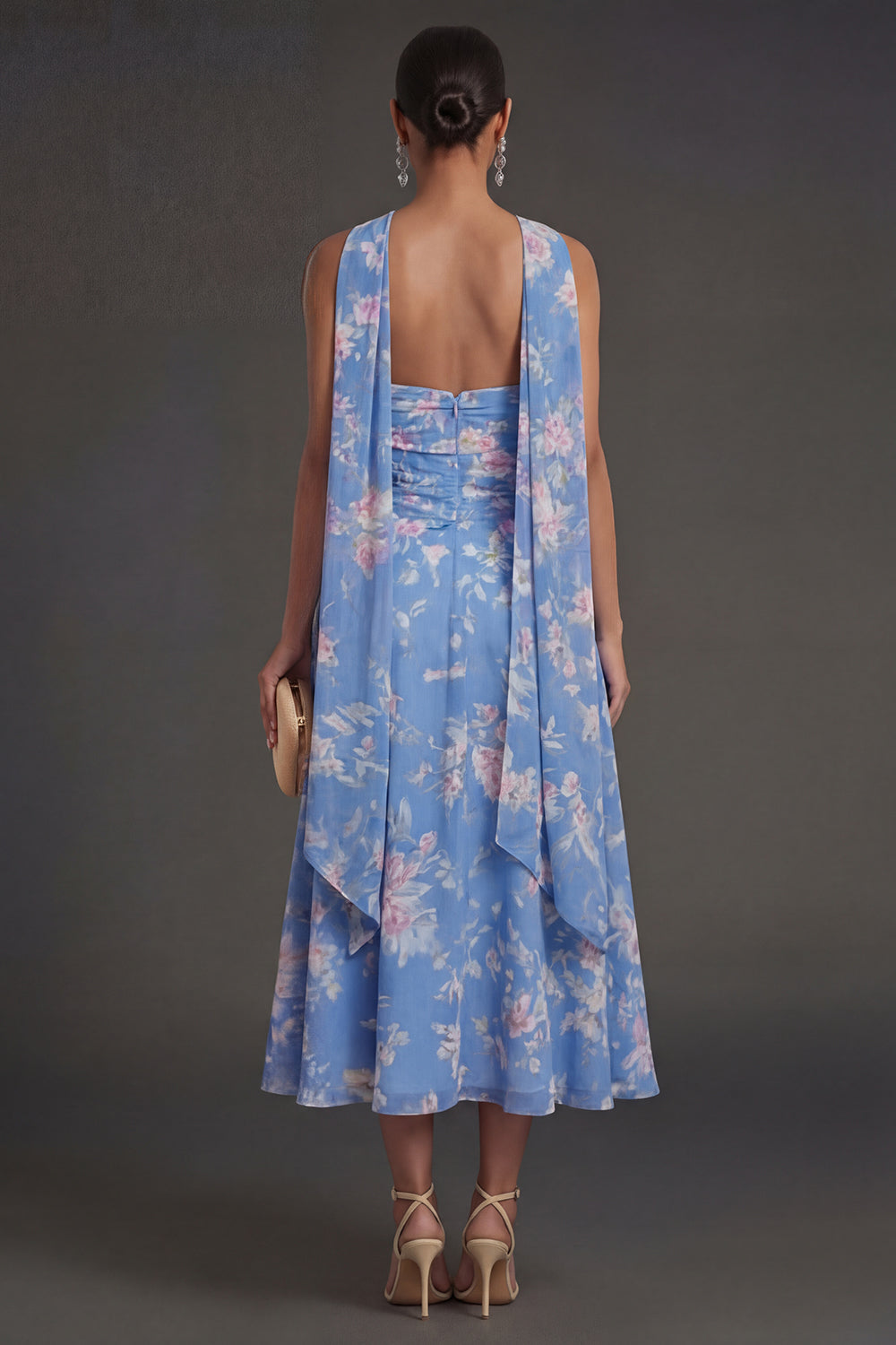 Ruched Blue Floral A Line Strapless Midi Beach Wedding Guest Dress