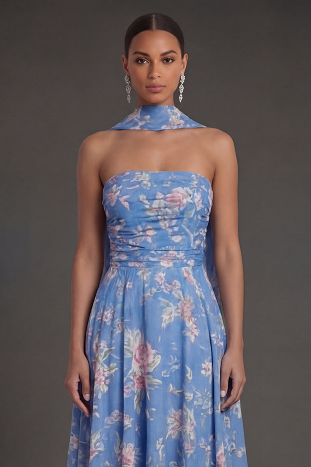 Ruched Blue Floral A Line Strapless Midi Beach Wedding Guest Dress