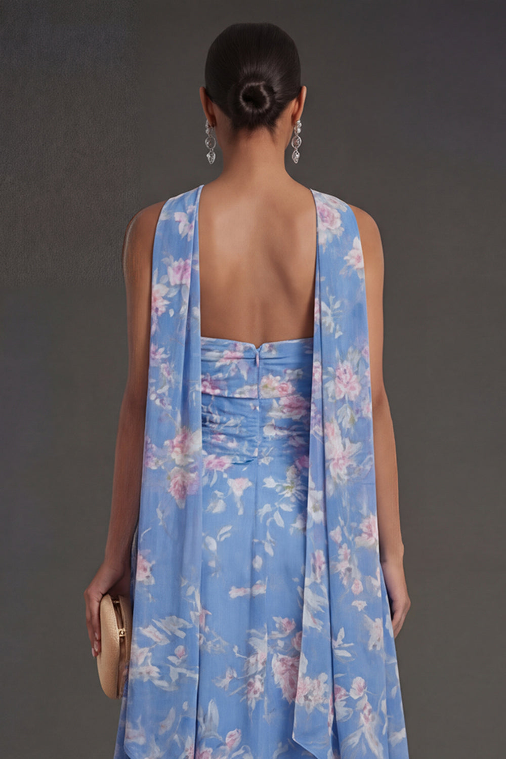 Ruched Blue Floral A Line Strapless Midi Beach Wedding Guest Dress