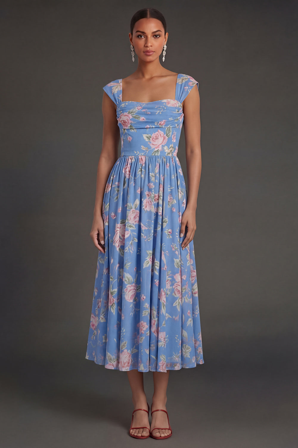 Blue Thick Straps Ruched Pleated Floral Midi Beach Wedding Guest Dress