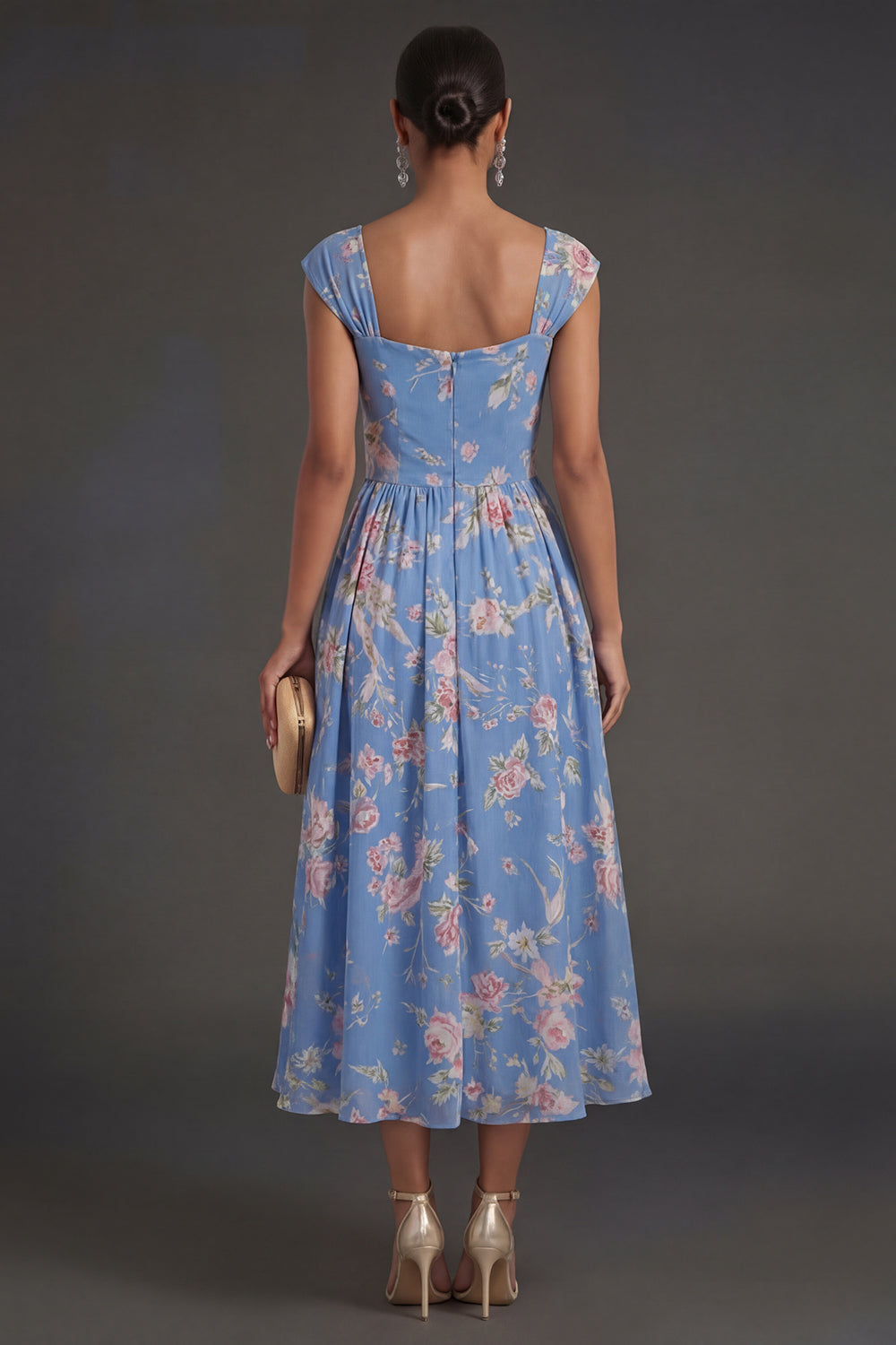 Blue Thick Straps Ruched Pleated Floral Midi Beach Wedding Guest Dress