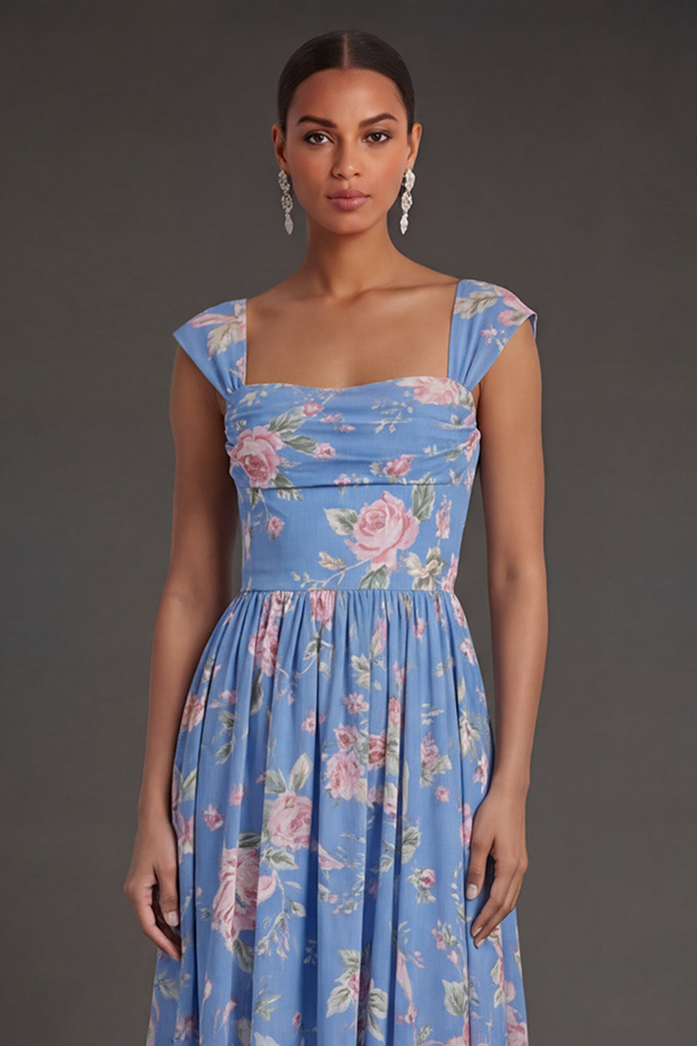 Blue Thick Straps Ruched Pleated Floral Midi Beach Wedding Guest Dress