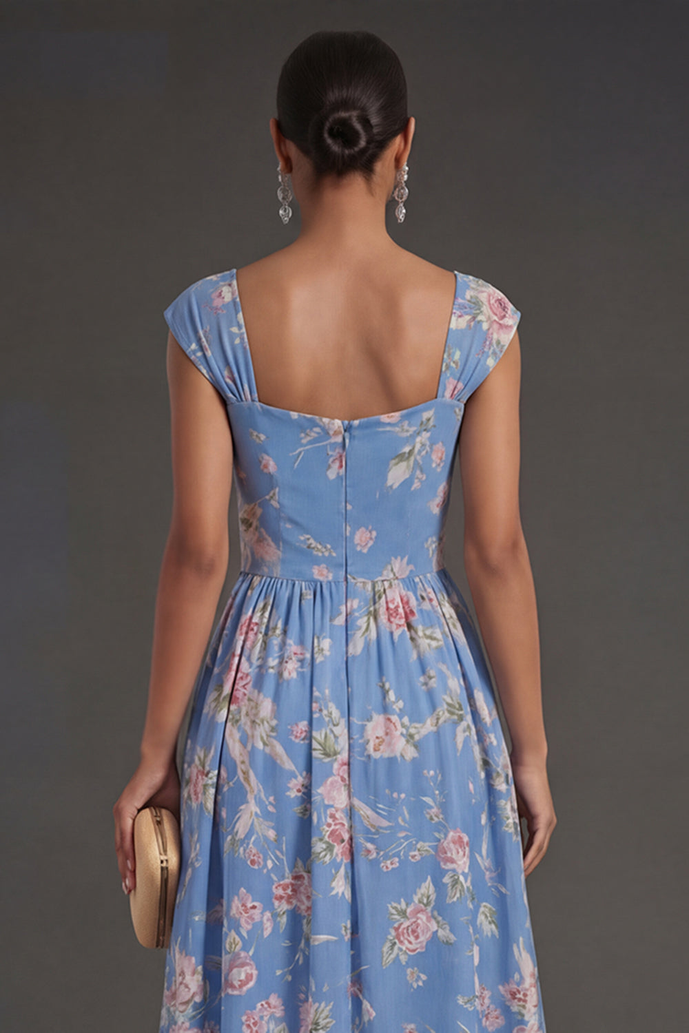 Blue Thick Straps Ruched Pleated Floral Midi Beach Wedding Guest Dress