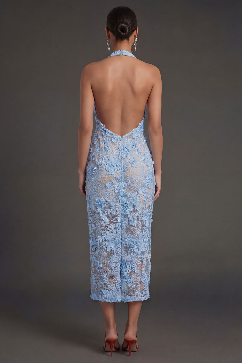 Blue Appliqued Floral Sheath Halter Neck Midi Beach Wedding Guest Dress