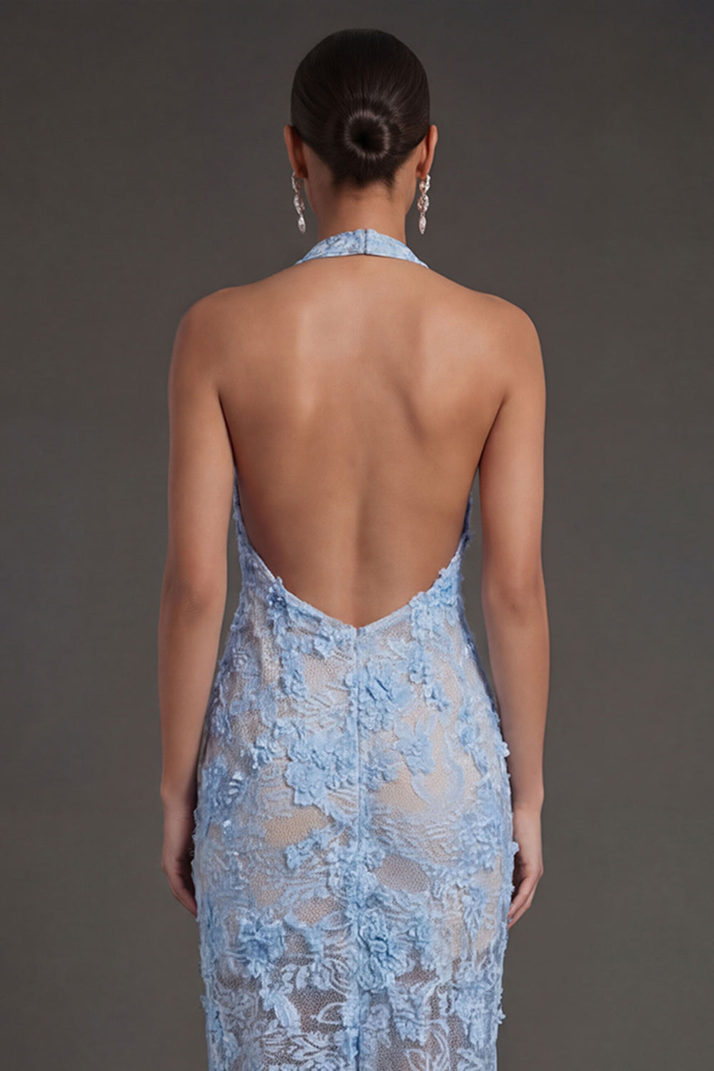 Blue Appliqued Floral Sheath Halter Neck Midi Beach Wedding Guest Dress