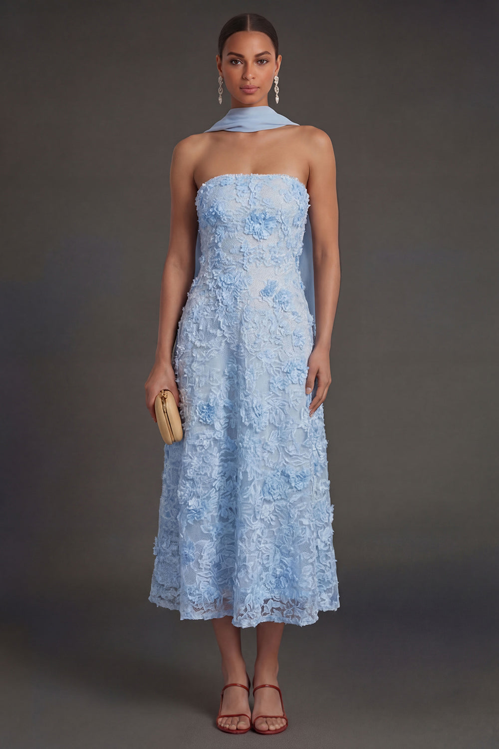Blue Appliqued Floral A Line Strapless Midi Wedding Guest Dress with Neck Scarf