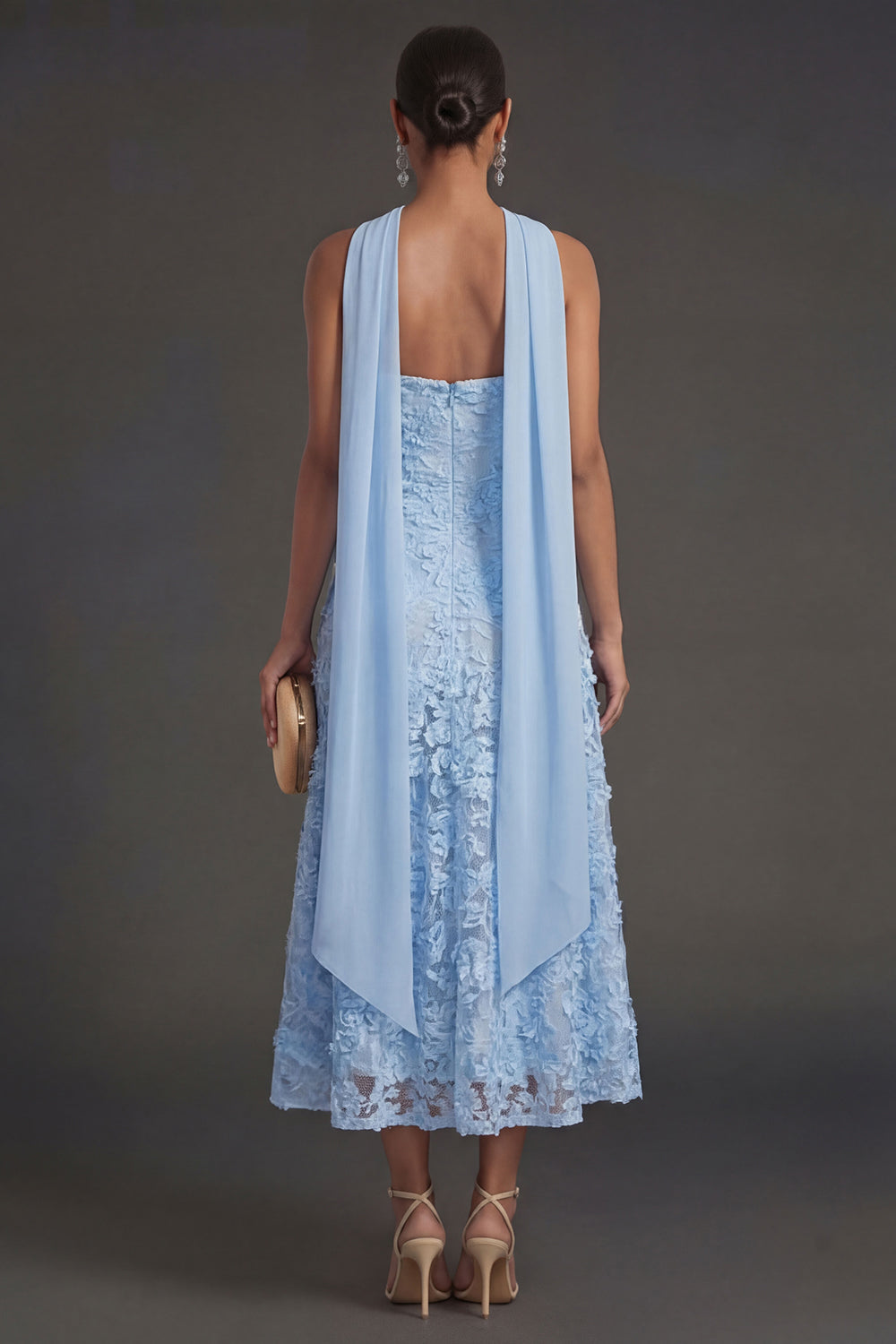 Blue Appliqued Floral A Line Strapless Midi Wedding Guest Dress with Neck Scarf