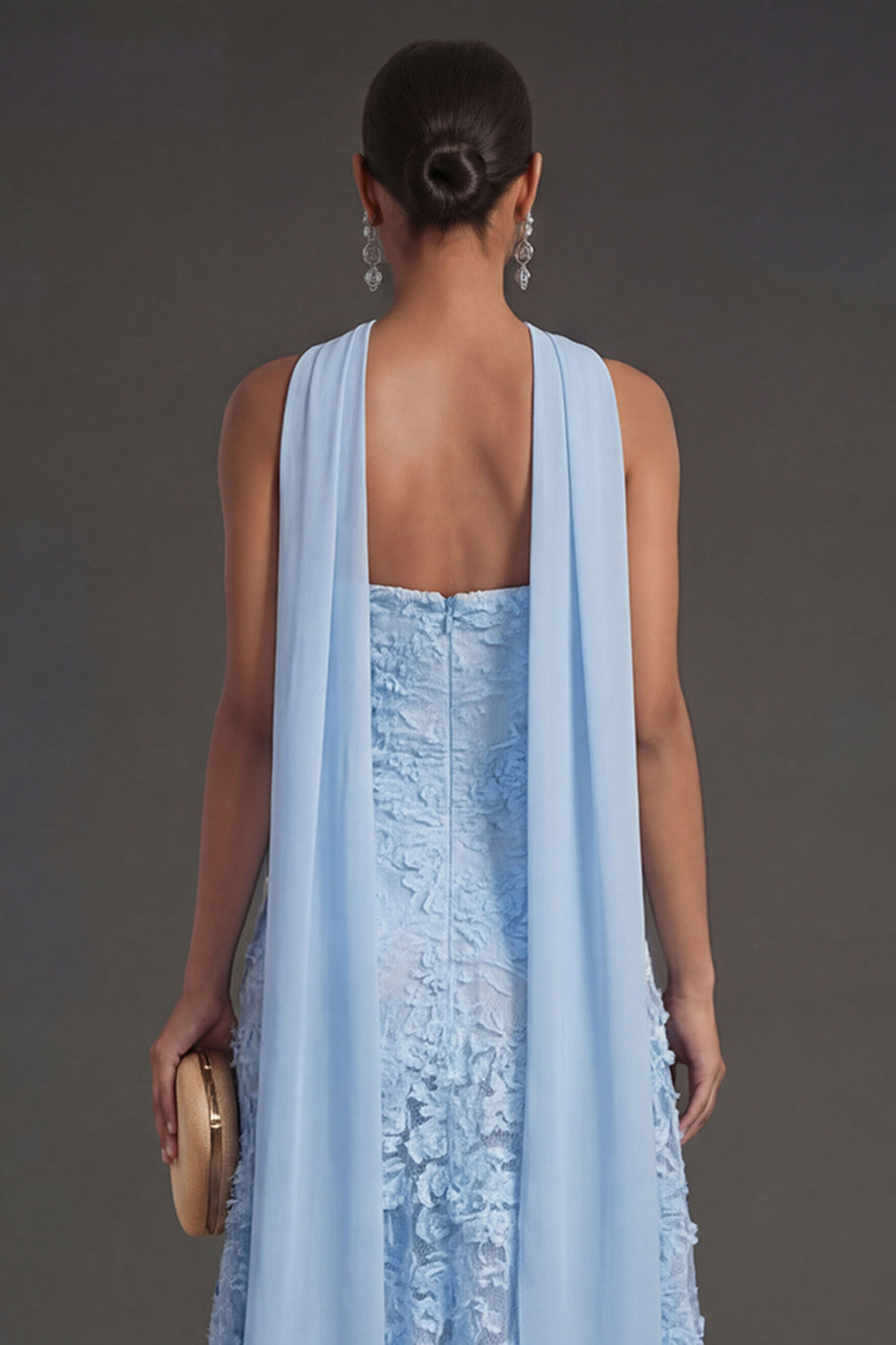 Blue Appliqued Floral A Line Strapless Midi Wedding Guest Dress with Neck Scarf