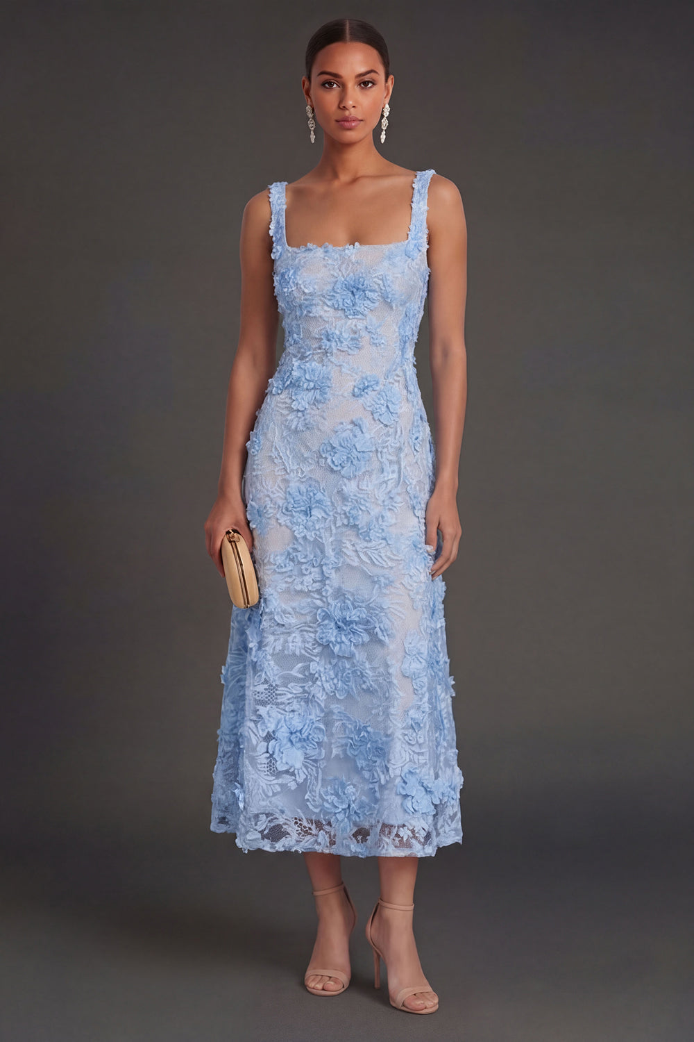 Blue Floral Sheath Thick Straps Appliqued Midi Wedding Guest Dress