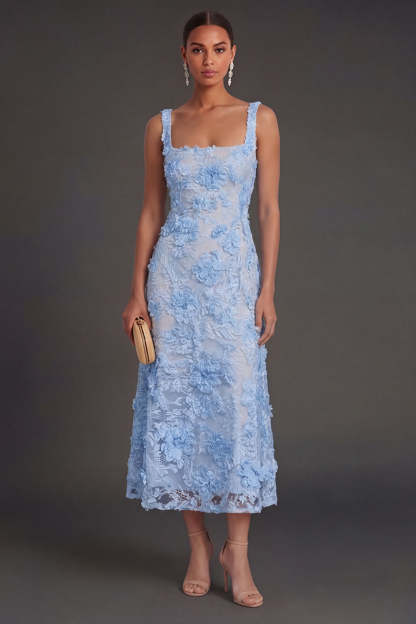 Leely Women Blue Floral Sheath Thick Straps Midi Wedding Guest Dress Appliqued Sleeveless Evening Dress