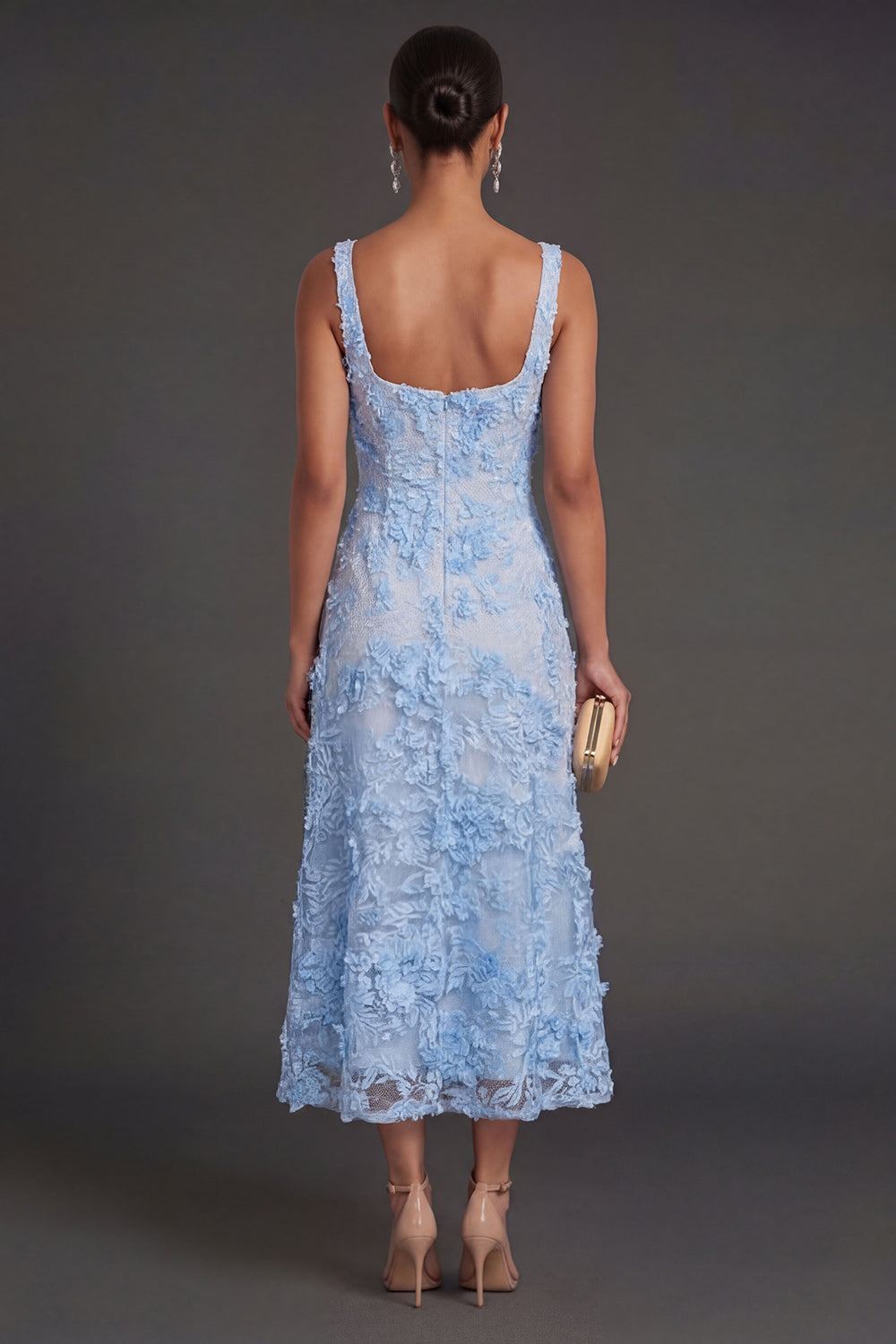 Blue Floral Sheath Thick Straps Appliqued Midi Wedding Guest Dress