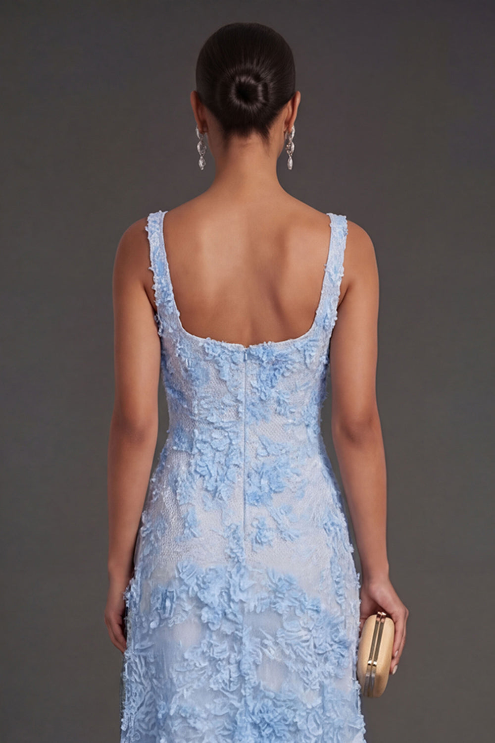 Blue Floral Sheath Thick Straps Appliqued Midi Wedding Guest Dress