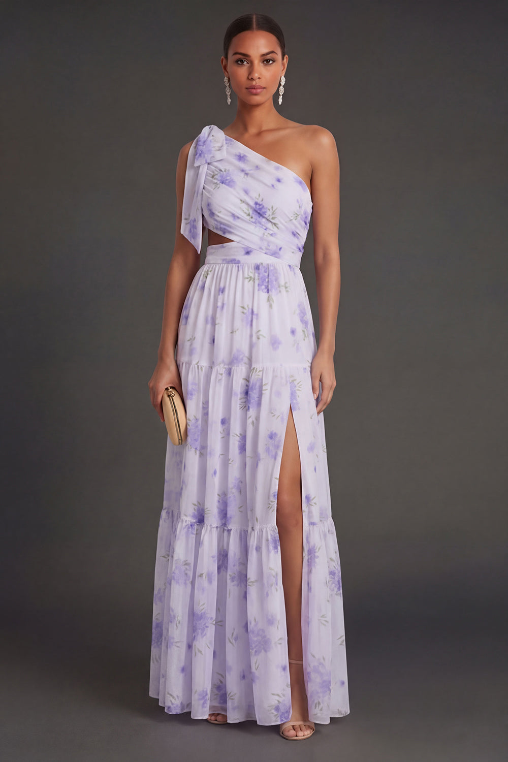 Leely Women Lilac Floral Sheath Cut Out Long Beach Wedding Guest Dress with Slit One Shoulder Ruched Garden Party Dress