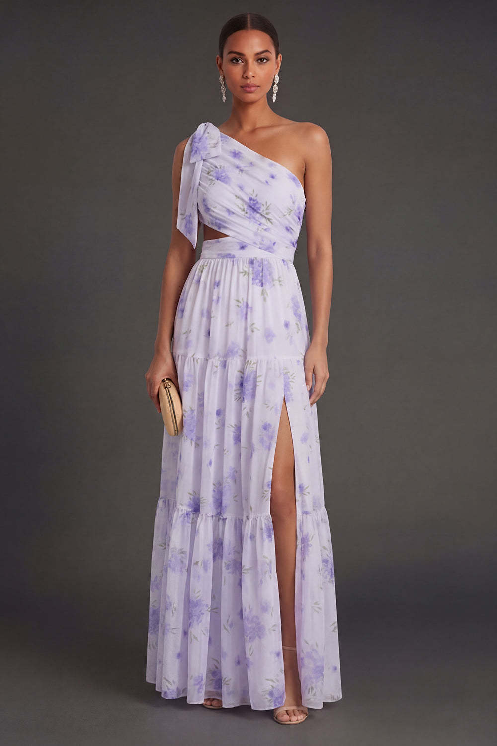 Leely Women Lilac Floral Sheath Cut Out Long Beach Wedding Guest Dress with Slit One Shoulder Ruched Garden Party Dress