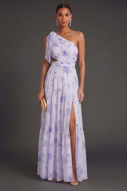 Leely Women Lilac Floral Sheath Cut Out Long Beach Wedding Guest Dress with Slit One Shoulder Ruched Garden Party Dress