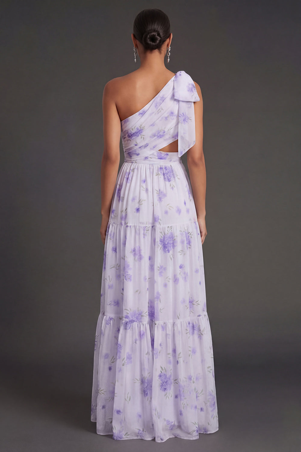 Lilac Floral Sheath One Shoulder Ruched Cut Out Long Beach Wedding Guest Dress