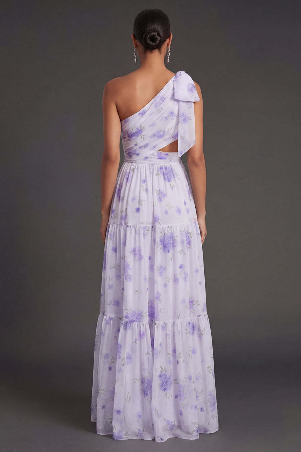 Lilac Floral Sheath One Shoulder Ruched Cut Out Long Beach Wedding Guest Dress