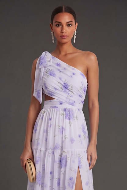 Lilac Floral Sheath One Shoulder Ruched Cut Out Long Beach Wedding Guest Dress
