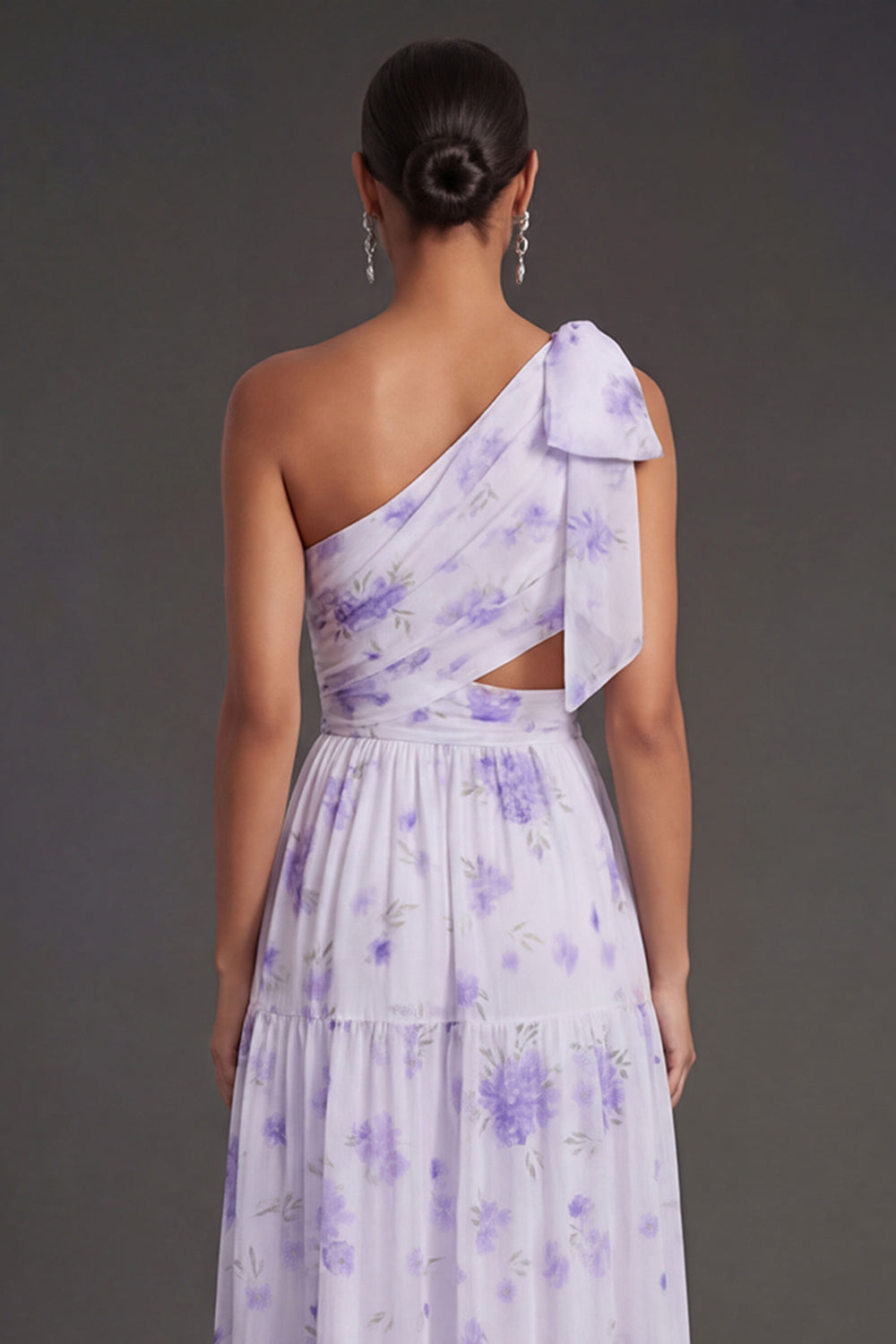 Lilac Floral Sheath One Shoulder Ruched Cut Out Long Beach Wedding Guest Dress