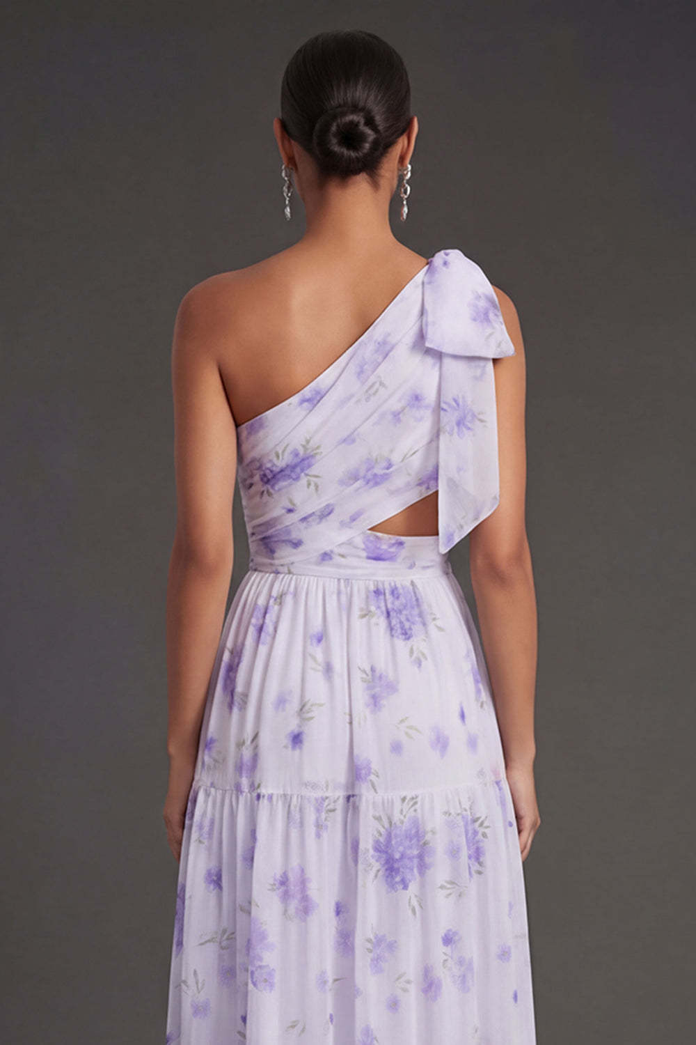 Lilac Floral Sheath One Shoulder Ruched Cut Out Long Beach Wedding Guest Dress