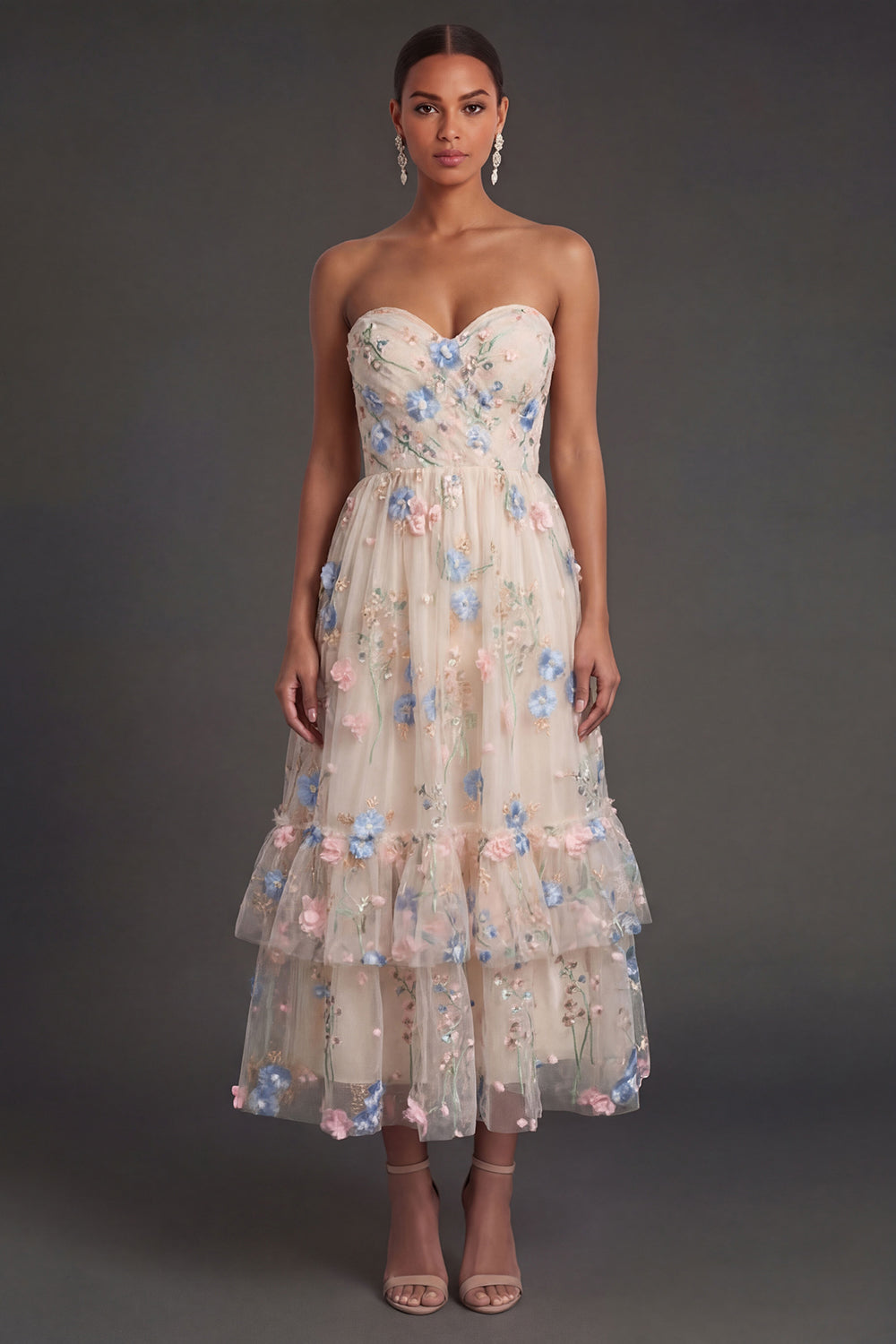 Leely Women Floral Champagne A Line Midi Beach Wedding Guest Dress Tiered Sweetheart Appliqued Garden Party Dress