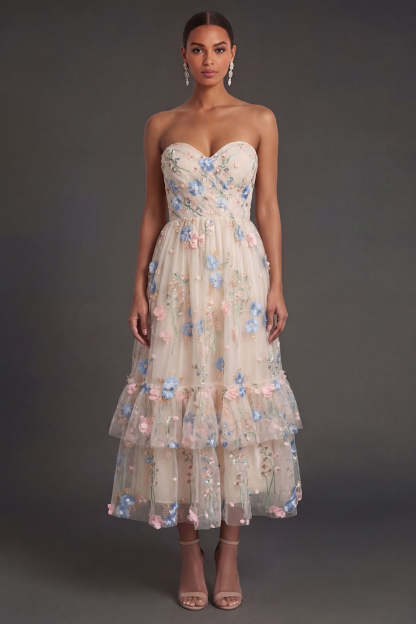 Leely Women Floral Champagne A Line Midi Beach Wedding Guest Dress Tiered Sweetheart Appliqued Garden Party Dress