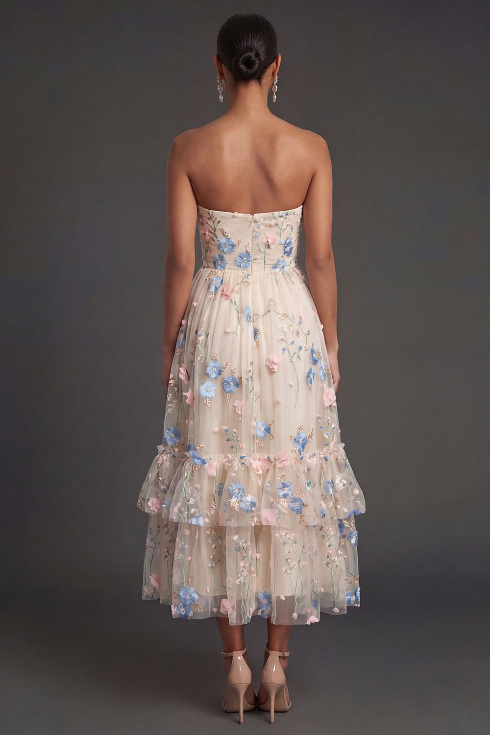 Floral Champagne A Line Tiered Sweetheart Appliqued Midi Beach Wedding Guest Dress
