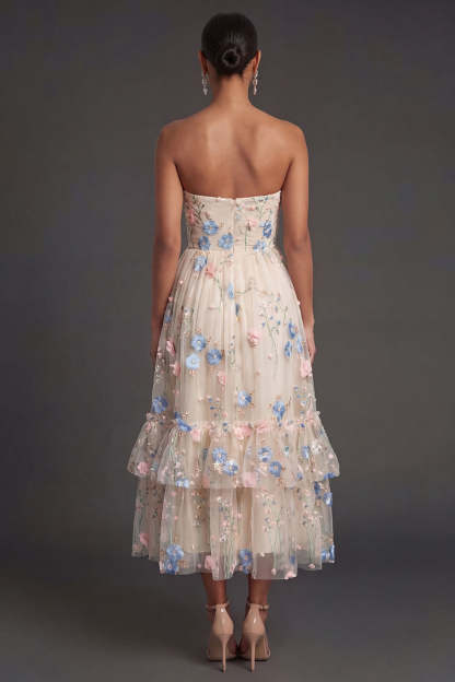Floral Champagne A Line Tiered Sweetheart Appliqued Midi Beach Wedding Guest Dress