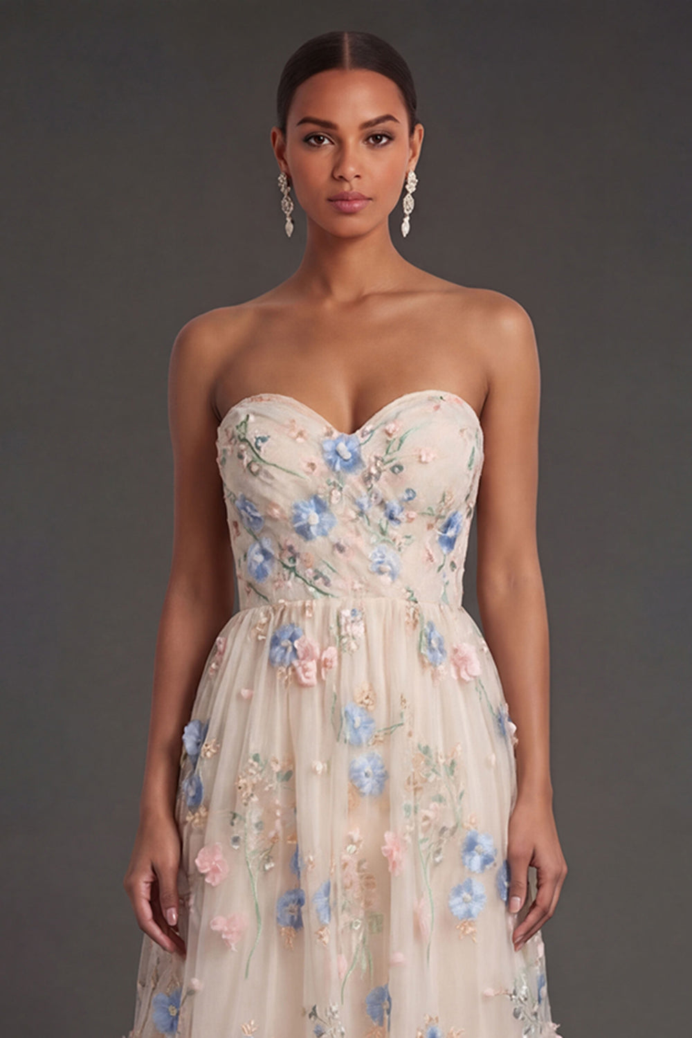 Floral Champagne A Line Tiered Sweetheart Appliqued Midi Beach Wedding Guest Dress