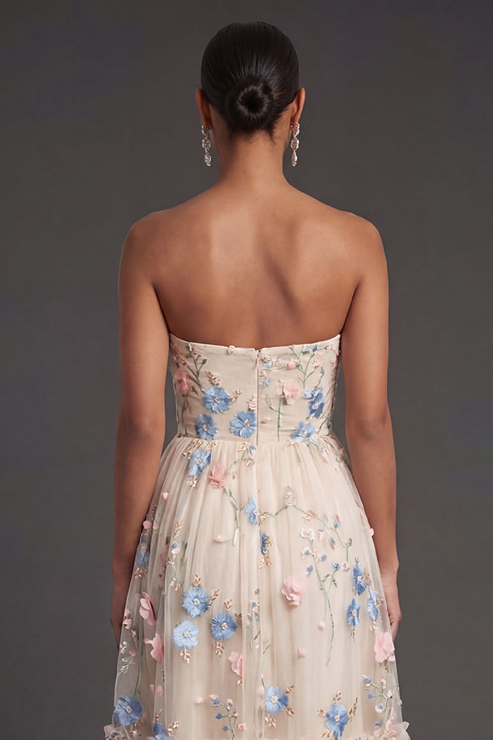 Floral Champagne A Line Tiered Sweetheart Appliqued Midi Beach Wedding Guest Dress
