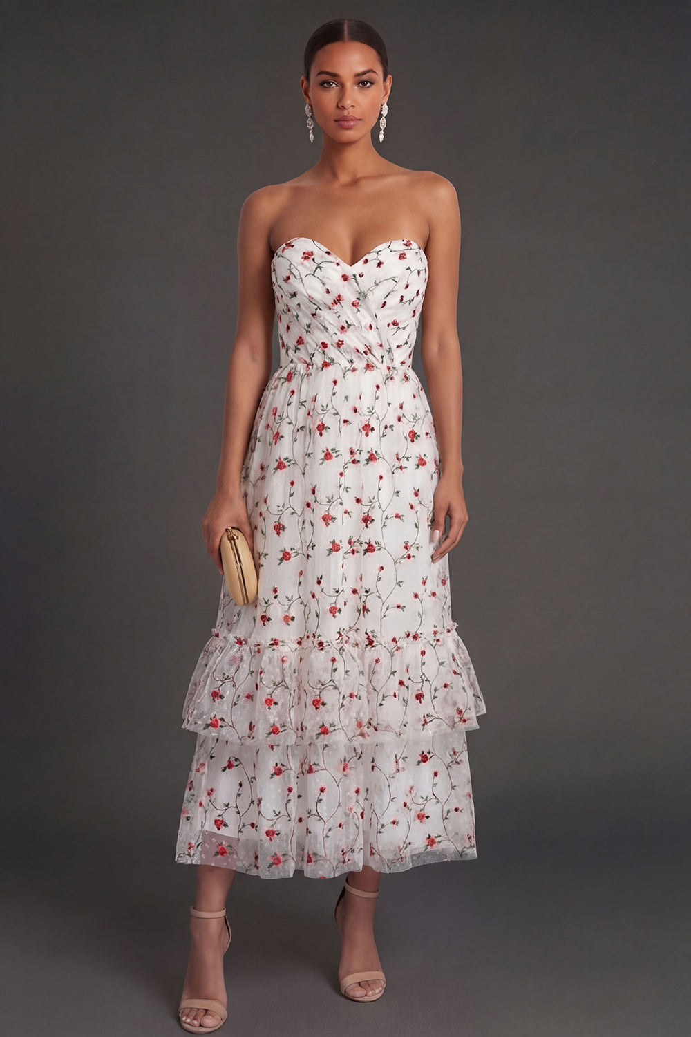 Floral Champagne A Line Tiered Sweetheart Appliqued Midi Beach Wedding Guest Dress