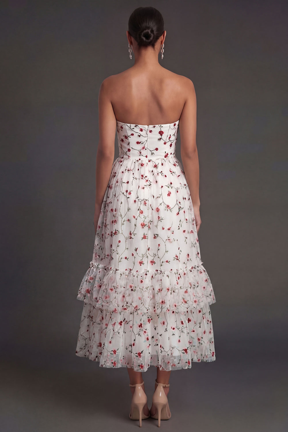 Floral Champagne A Line Tiered Sweetheart Appliqued Midi Beach Wedding Guest Dress