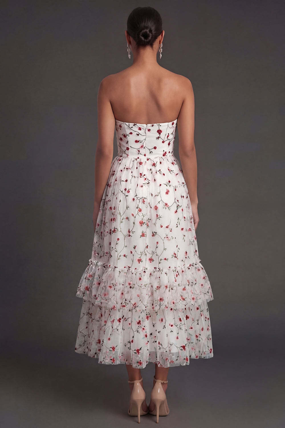 Floral Champagne A Line Tiered Sweetheart Appliqued Midi Beach Wedding Guest Dress