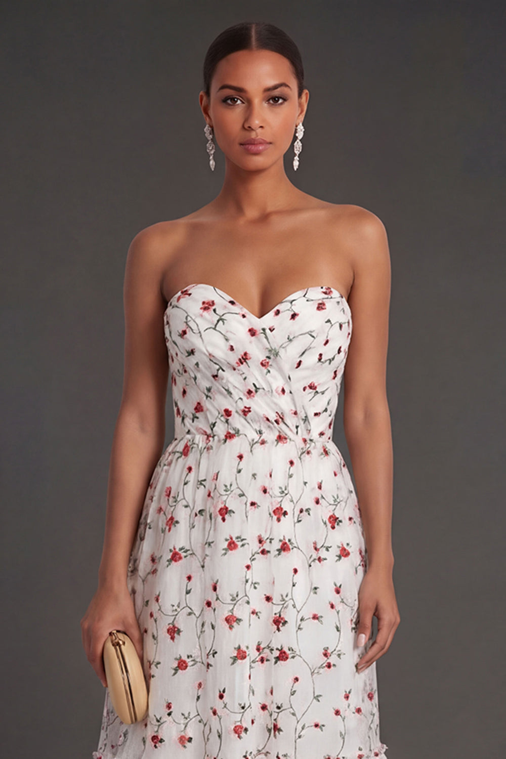 Floral Champagne A Line Tiered Sweetheart Appliqued Midi Beach Wedding Guest Dress