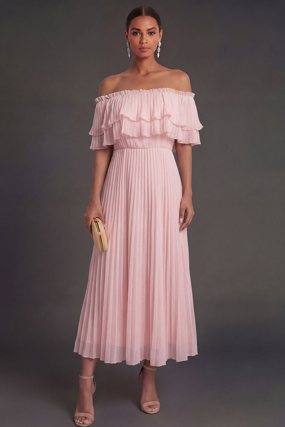 Leely Women Pleated Pink A Line Off the Shoulder Midi Wedding Guest Dress Backless Sleeveless Formal Dress